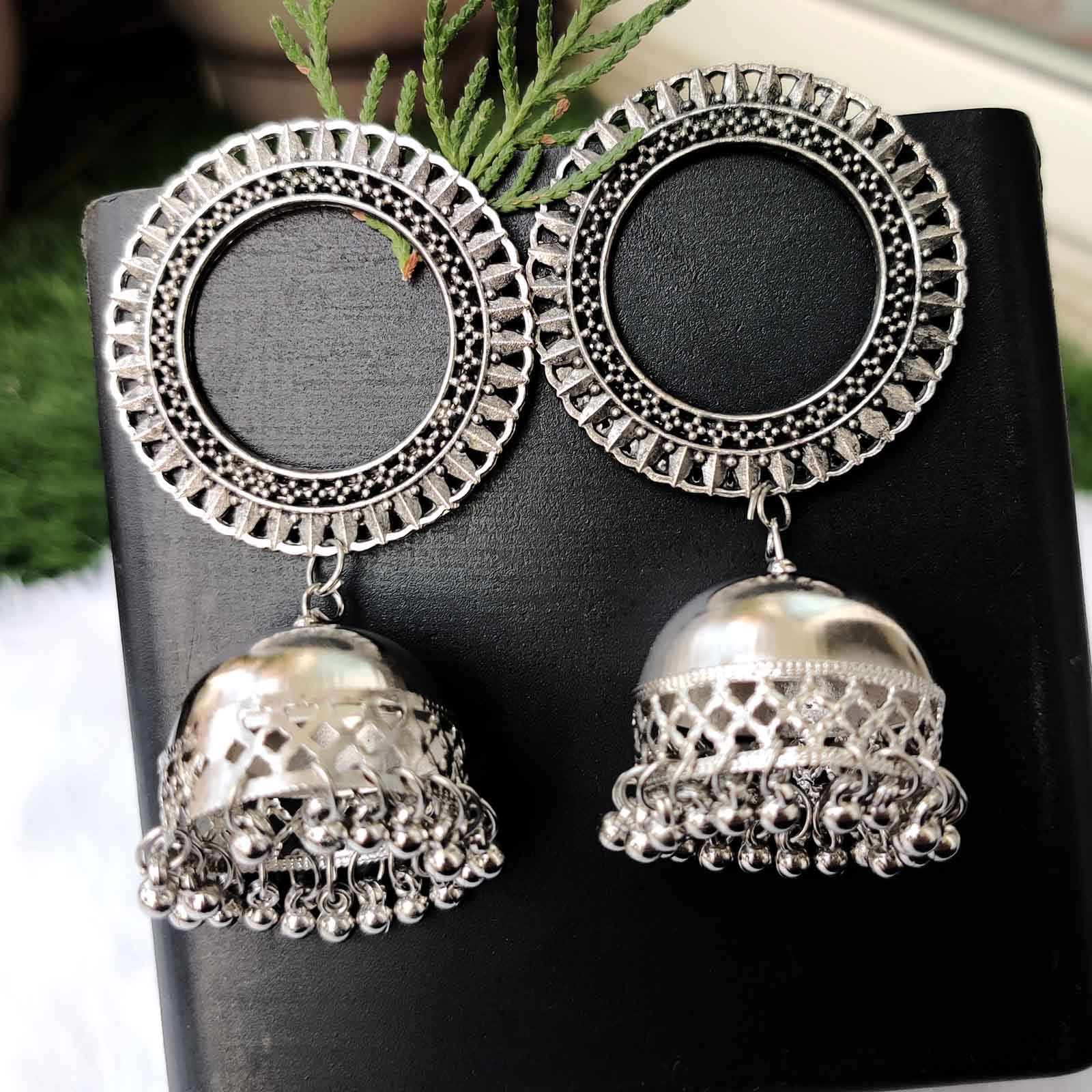 Oxidized Silver Afghani Double Bead Ghunghru Silver Plated Chandbali Earring  for Women and Girls. | K M HandiCrafts India